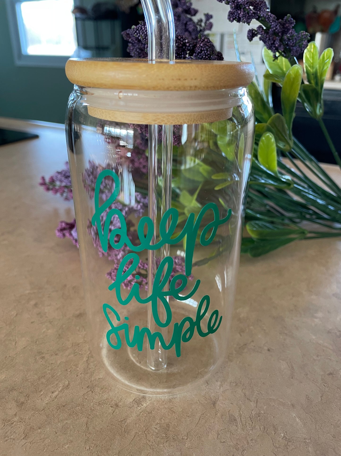 Glass cups, bamboo lid & glass straw