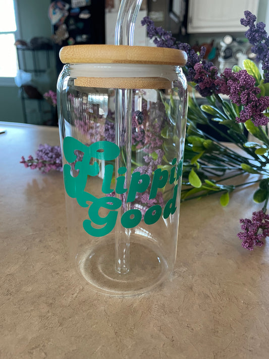 Glass cups, bamboo lid & glass straw